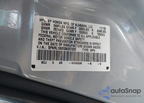 2003 Honda Odyssey Ex-L из США, поврежденный, VIN 5FNRL18953B037235